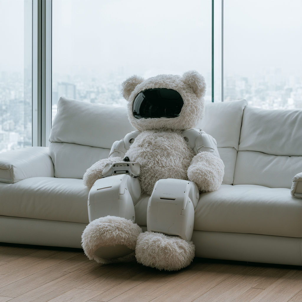 Concept image of a soft white companion robot seated in a bright living space