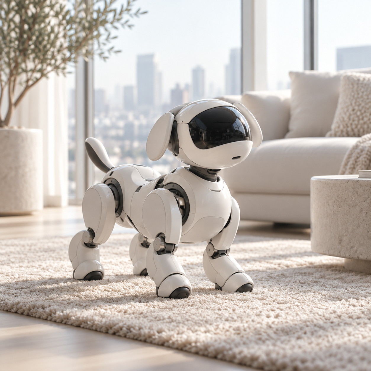 Concept image of a white dog-like AI companion robot in a bright living room
